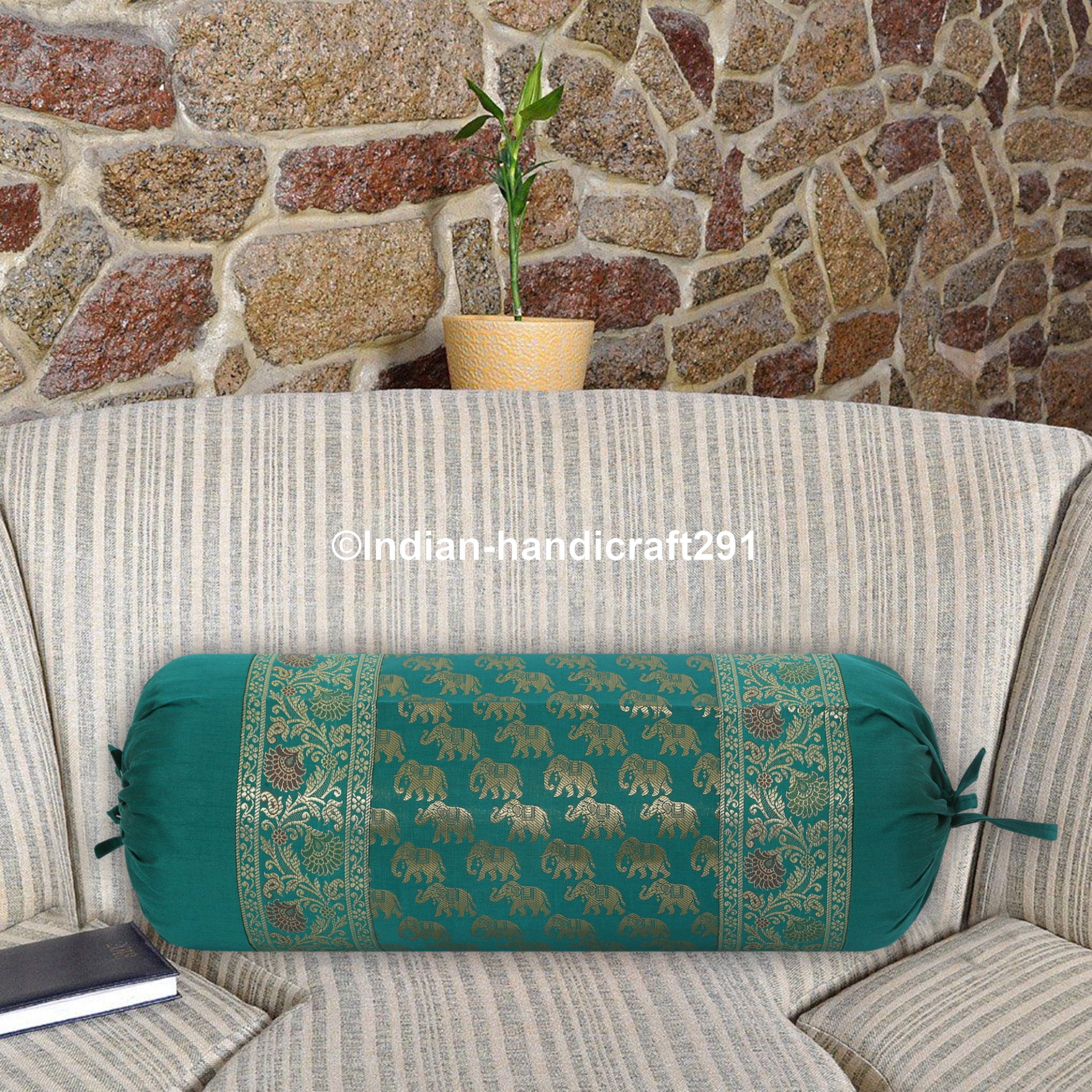 DK Homewares Indian Jacquard Bolster Pillow Cover – Silk Brocade, Elephant Pattern, Dark Green, 30x15 Inches – Cylindrical Cushion Cover - View #8