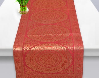Brocade Table Runner: Indian Mandala Design, Rustic Home Decor (60x16 Inches)