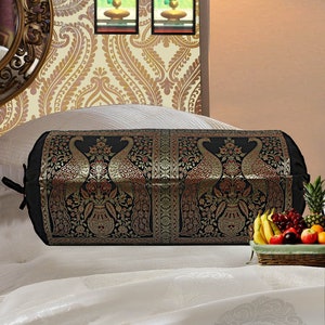 Indian Silk Bolster Cover Handmade Silk Neck Roll Cylinder Design Bolsters Home Decorative peacock Brocade Pillow Case Cover Cushion Cover