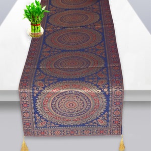 Indian Hand Art Banarasi Silk Table Runner Embroidered Peacock Design Elegant Birthday Party Decor Christmas Wedding Table Runner 14X72 Inch