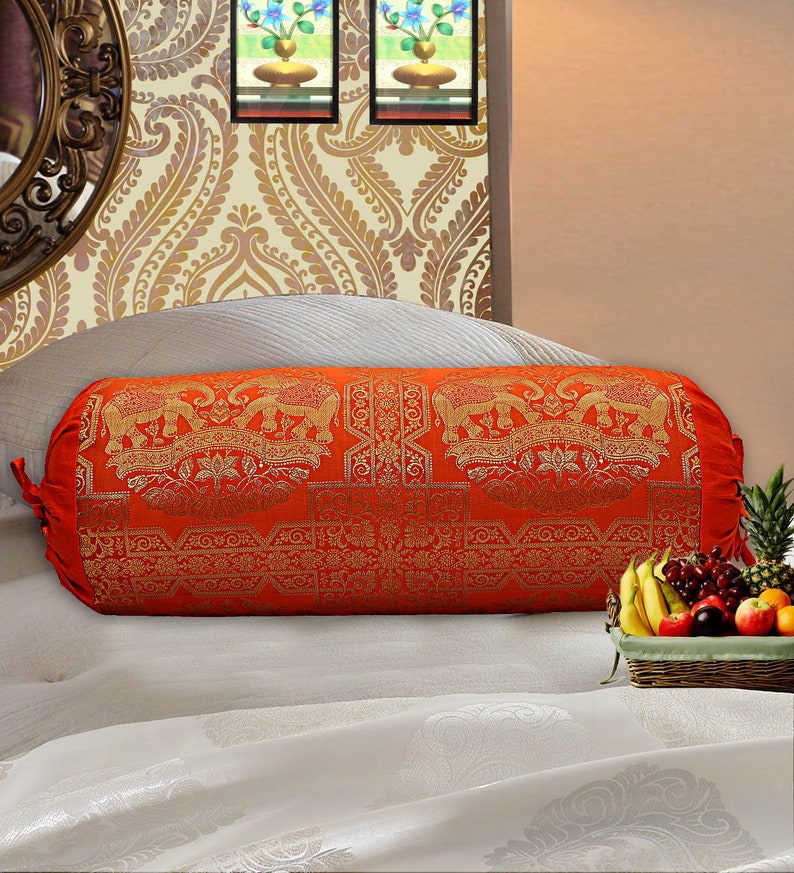 Home Decorative Indian Silk Bolster Cover Brocade Pillow Case Cover