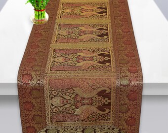 Indian Brocade Silk Table Runner Handmade Peacock Design Table Cloth Decorative Kitchen Dining Runners centerpieces