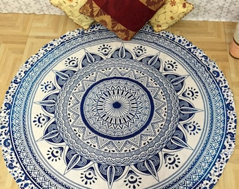Blue Mandala Tapestry: Cotton Round Beach Blanket, Yoga Mat (72 Inches)