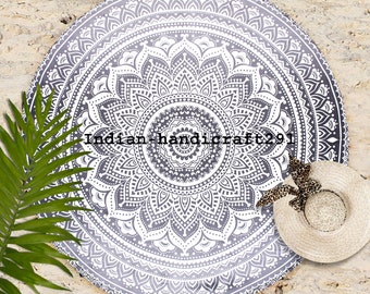 Grey Indian Cotton Round Handmade Beach Blanket, Yoga Mat (72 Inches)