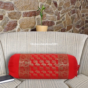 Funda de almohada de brocado de seda hecha a mano: diseño de elefante indio (76 x 38 cm)