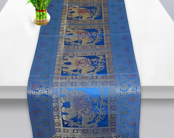 Blue Brocade Table Runner: Indian Mandala Design, Rustic Decor (60x16 Inches)