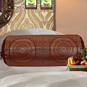 Indian Silk Bolster Cover Handmade Silk Neck Roll Cylinder Design Bolsters Home Decorative peacock Brocade Pillow Case Cover Cushion Cover