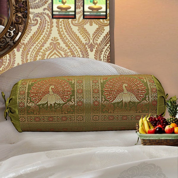 Indian Silk Bolster Cover Handmade Silk Neck Roll Cylinder Bolsters Home Decorative Brocade Pillow Case Cover Cushion Cover