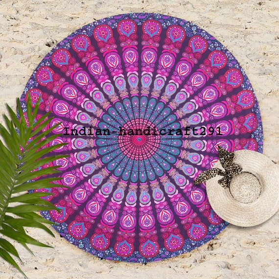 72" Inches Roundies Elephant Peacock And Flower Mandala Ombre Round Tapestry Mat 