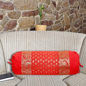 Funda de almohada de brocado de seda hecha a mano: almohada de cuello con diseño de elefante indio (30 x 15)