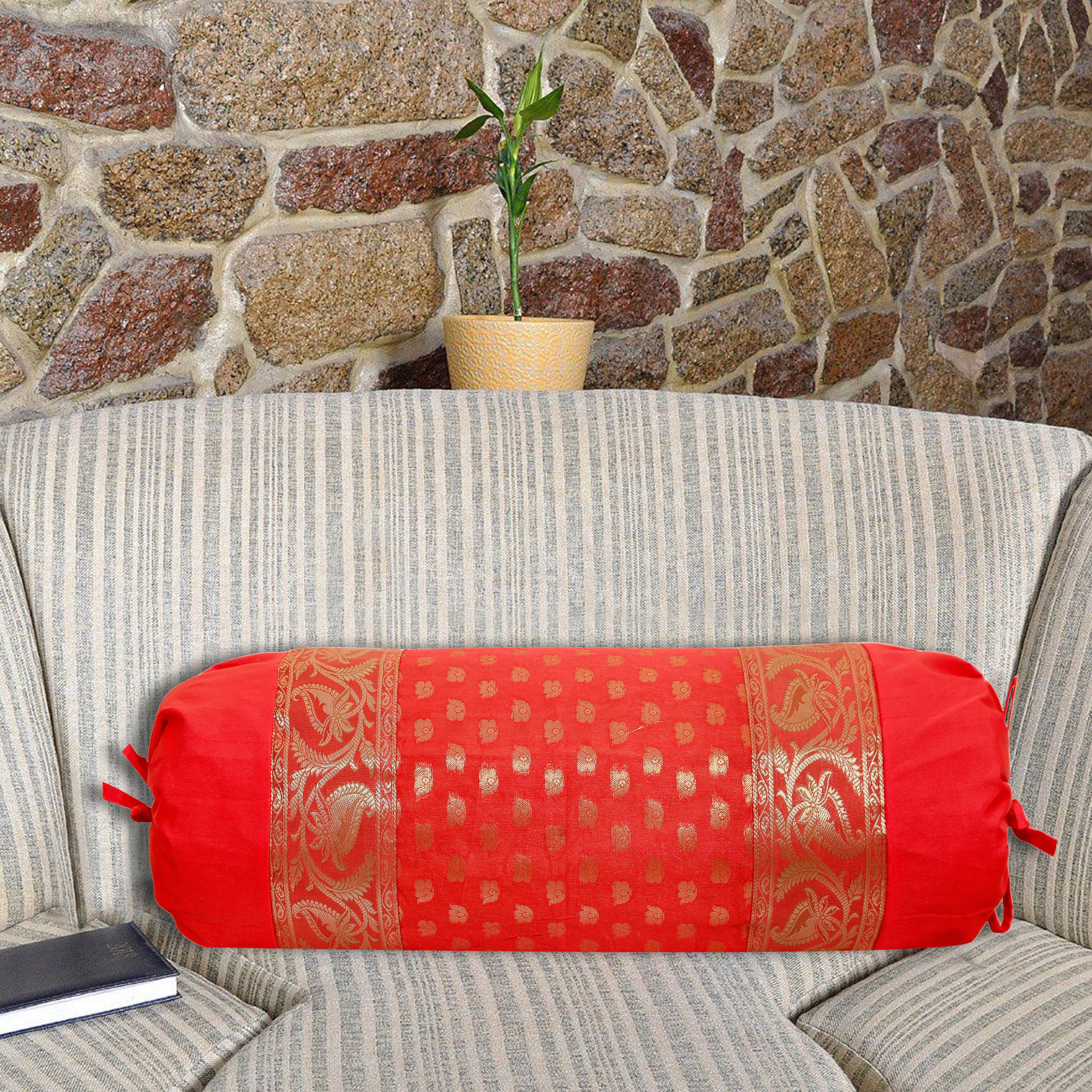 Indian Silk Fabric Neck Roll Round Bolster Cushion Cover Gift Item 30 x 15 Inch 