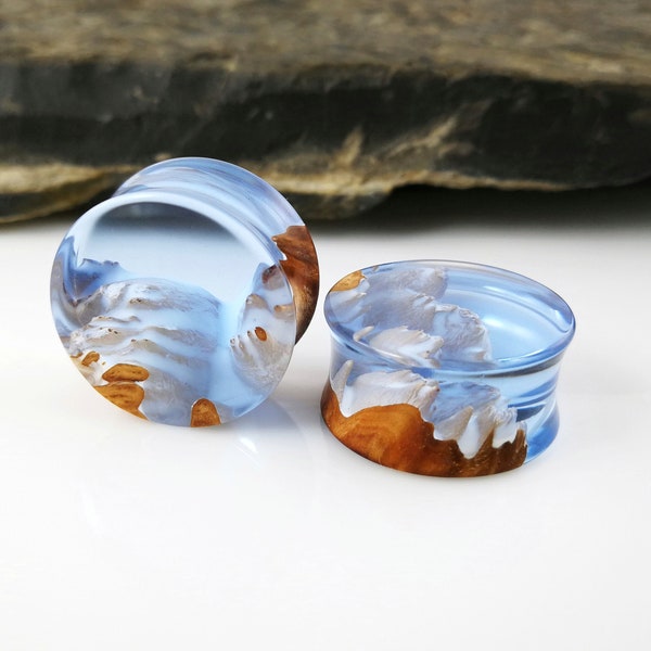 22mm (7/8 Inch) Ear Plugs and Tunnels, Wood and Ice Blue Resin Plugs, Wooden Guages