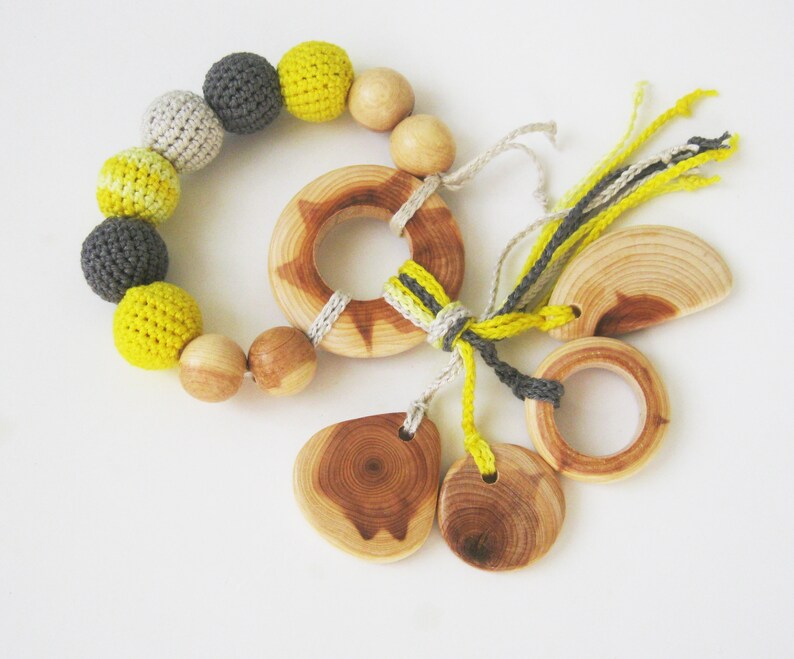 Organic Gray yellow teether Wooden Rattle Natural Baby Etsy