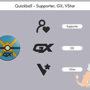 Pode incluir: Um gr&aacute;fico de Quickball azul e amarelo com um bot&atilde;o central, acompanhado por &iacute;cones pretos para Supporter, GX e VStar. O texto Quickball - Supporter, GX, VStar aparece no topo, com etiquetas para cada &iacute;cone e uma pequena ilustra&ccedil;&atilde;o.
