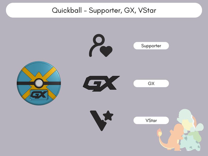 Pode incluir: Um gr&aacute;fico de Quickball azul e amarelo com um bot&atilde;o central, acompanhado por &iacute;cones pretos para Supporter, GX e VStar. O texto Quickball - Supporter, GX, VStar aparece no topo, com etiquetas para cada &iacute;cone e uma pequena ilustra&ccedil;&atilde;o.