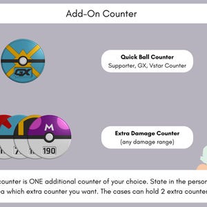 Pode incluir: Exibi&ccedil;&atilde;o de Add-On Counter com um contador Quick Ball azul com texto GX e uma fileira de quatro contadores de dano circulares em vermelho, azul, amarelo e roxo com o n&uacute;mero 190 vis&iacute;vel. O texto inclui Add-On Counter, Quick Ball Counter e Extra Damage Counter.