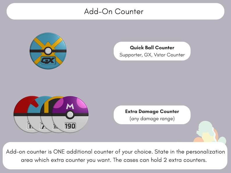 Pode incluir: Exibi&ccedil;&atilde;o de Add-On Counter com um contador Quick Ball azul com texto GX e uma fileira de quatro contadores de dano circulares em vermelho, azul, amarelo e roxo com o n&uacute;mero 190 vis&iacute;vel. O texto inclui Add-On Counter, Quick Ball Counter e Extra Damage Counter.