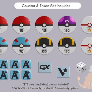 Pode incluir: Um conjunto de contadores e fichas de jogo com pe&ccedil;as circulares de v&aacute;rios designs, incluindo padr&otilde;es vermelhos, azuis, amarelos e roxos com os n&uacute;meros 10, 70, 130, 190 e &iacute;cones de chama. Inclui fichas quadradas azuis com s&iacute;mbolos A, marcadores GX e VStar, e um dado branco de seis faces.