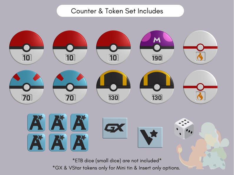 Pode incluir: Um conjunto de contadores e fichas de jogo com pe&ccedil;as circulares de v&aacute;rios designs, incluindo padr&otilde;es vermelhos, azuis, amarelos e roxos com os n&uacute;meros 10, 70, 130, 190 e &iacute;cones de chama. Inclui fichas quadradas azuis com s&iacute;mbolos A, marcadores GX e VStar, e um dado branco de seis faces.