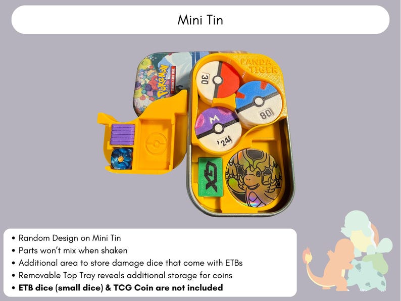 Pode incluir: Um inserto de pl&aacute;stico amarelo para uma Mini Tin de Pokemon, com compartimentos moldados para pe&ccedil;as de jogo. O inserto cont&eacute;m fichas circulares com designs de Poke Ball, um marcador GX verde retangular e uma moeda hologr&aacute;fica. Uma bandeja lateral armazena dados.
