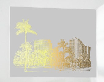 Palm Tree Miami Beach Themed Decor, Miami Florida Gold Foil Print, Modern Line Drawing Illustration Print, Coastal Style Beach House Gift