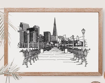 San Francisco Skyline Wall Art, Transamerica Building, Iconic Architecture Buildings, San Francisco Art, Embarcadero, Urban City Drawing