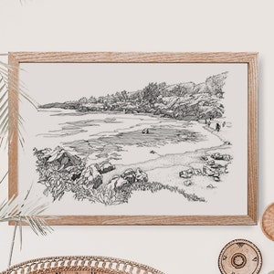 Maui Black Sand Beach Original Drawing, Hawaii Maui Beach Themed Decor, Wanderlust print, Tropical Artwork Monochrome, Maui Art Print