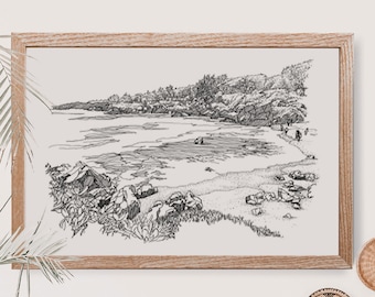 Maui Black Sand Beach Original Drawing, Hawaii Maui Beach Themed Decor, Wanderlust print, Tropical Artwork Monochrome, Maui Art Print