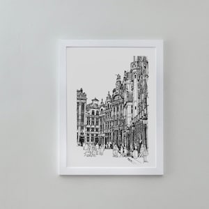 Brussels Belgium Travel Poster, City of Brussels Architecture Print, Pen and Ink Monochrome Drawing Print, Black & White Bruxelles Wall Art