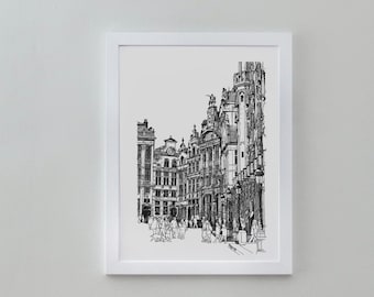 Brussels Belgium Travel Poster, City of Brussels Architecture Print, Pen and Ink Monochrome Drawing Print, Black & White Bruxelles Wall Art