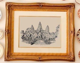 Angkor Wat Kambodja Väggkonst, Svartvitt Bläckteckningstryck, Kambodja Reseaffisch, Asiatiskt Kulturmonument, Buddhistiskt Tempeltryck