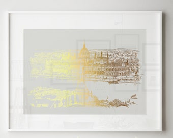 Gold Budapest Print, Parliament Art Print, Office Decor Hungary Art Print, Architecture Print, Budapest Travel Poster, Budapest Skyline