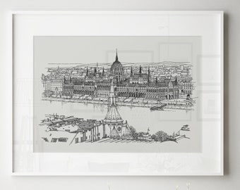 Budapest Cityscape, Budapest Parliament Art Print, Pen and Ink Original Artwork, Office Decor Hungary, Europe Traveler Art, Budapest Hungría