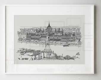 Budapest Cityscape, Budapest Parliament Art Print, Pen and Ink Original Artwork, Office Decor Hungary, Europe Traveler Art, Budapest Hungary