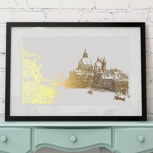 Gold Prints of Venice, Venice Grand Canal Original Drawing Gold Foil Print, Architecture Print, Monochrome Art Print, Venice Wall art