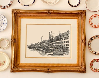 Copenhagen Print, Black and White Boat print, Poster Nyhavn, Denmark Travel Poster, Copenhagen Canal Modern Art, Denmark Gift, European City