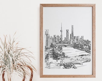 Shanghais silhuetttryck, original linjekonst, penn- och bläckteckningstryck, skisskonst, resepresent till Shanghai, estetisk rumsinredning, modern väggkonst
