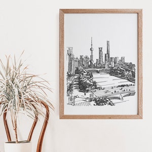 Shanghai Skyline Print, Original Line art, Pen & Ink Drawing Print, Sketch Art, Shanghai Travel Gift, Aesthetic Room Decor, Modern Wall Art