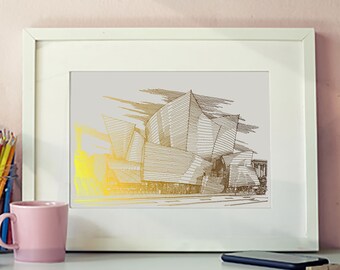 Walt Disney Concert Hall Gold Foil Print, Los Angeles Wall Art, Original Architecture Sketch, Modern Line Drawing Illustration Print