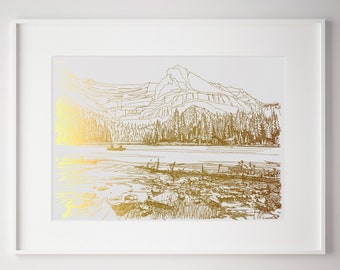 Banff National Park Gold Foil Print, Original Drawings of Mountains, National Park Print, Canada Wall Art, Calgary Alberta Travel poster