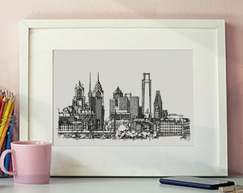 Philadelphia Skyline Print, Philadelphia Black and White Art, Philadelphia City Hall Sketch, Philadelphia Poster Print, City Scape Wall Art