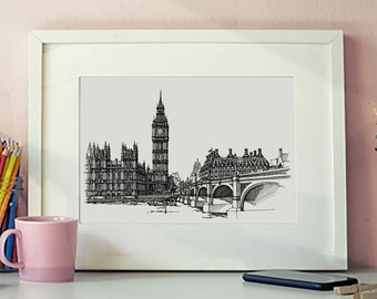London Wall Art, London Skyline Print, London Drawing, Pen and Ink Illustration, monumentos de Londres, Architecture Print, Black and White Art