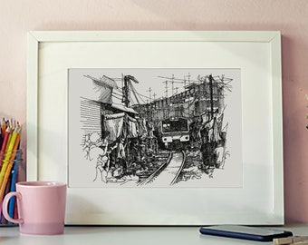 Railway Market - Thailand Art Line Drawing, Illustration of Train Market, Thailand Travel Gift, Thailand Train Drawing, Asia Art Home Decor