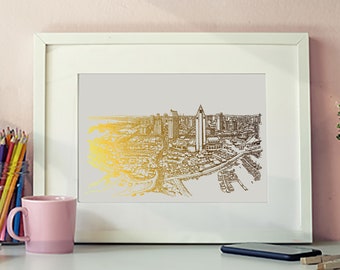 San Diego Gold Foil Print, Architectural Poster, San Diego Wall art, Original Artwork San Diego Gifts, Cityscape Metallic Gold Foil Art