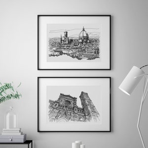 Florence Italy Cathedral Drawings - Set of 2 Prints, Italy Gallery Wall Set, Hand Drawn Black and White Art, Italy Wall Art, Travel Gifts