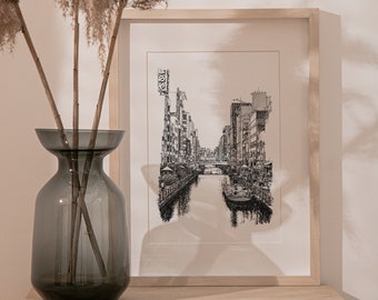 Dotonbori Osaka Japan Inspired Art, Japanese Street Art, Japan Lover Gift, Dotonbori Canal Black and White Art, Osaka Home Decor Gift