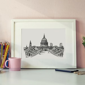 Millennium Bridge & St Paul&#39;s Cathedral London Wall Art, London England, Bridge Architecture Print, Black and White Art, Europe Travel Gift