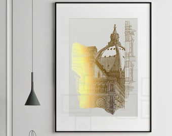 Florence Cathedral Gold Foil Print, Florence Duomo Original Line Art, Italy Travel Gift, Architecture Prints, Monochrome Art Print Gold
