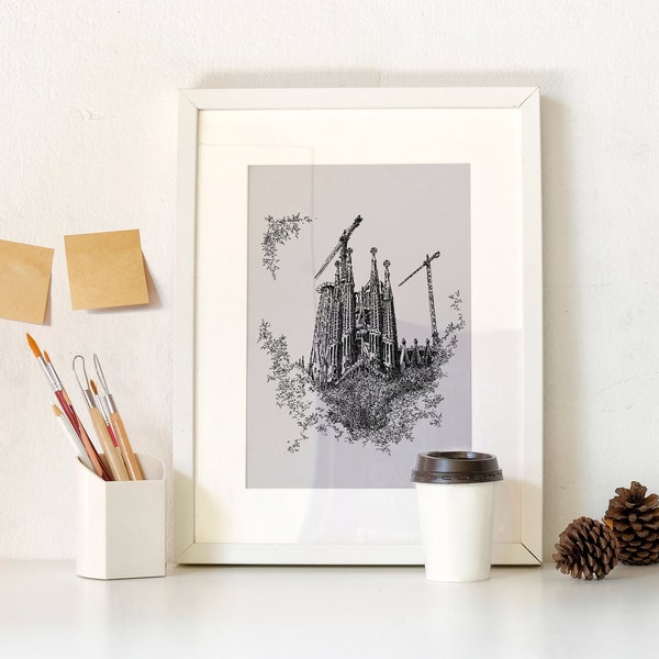 Sagrada Familia Wall Art, Barcelona Print, Iconic Barcelona Cathedral, Antoni Gaudi, Basilica Pen and Ink Drawing Print, Spain Travel Poster