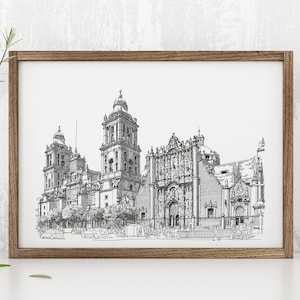Mexico City Poster, Metropolitan  Zocalo Cathedral Black and White Art, Mexico Travel Gallery Wall Art, Mexico City Landmark Print